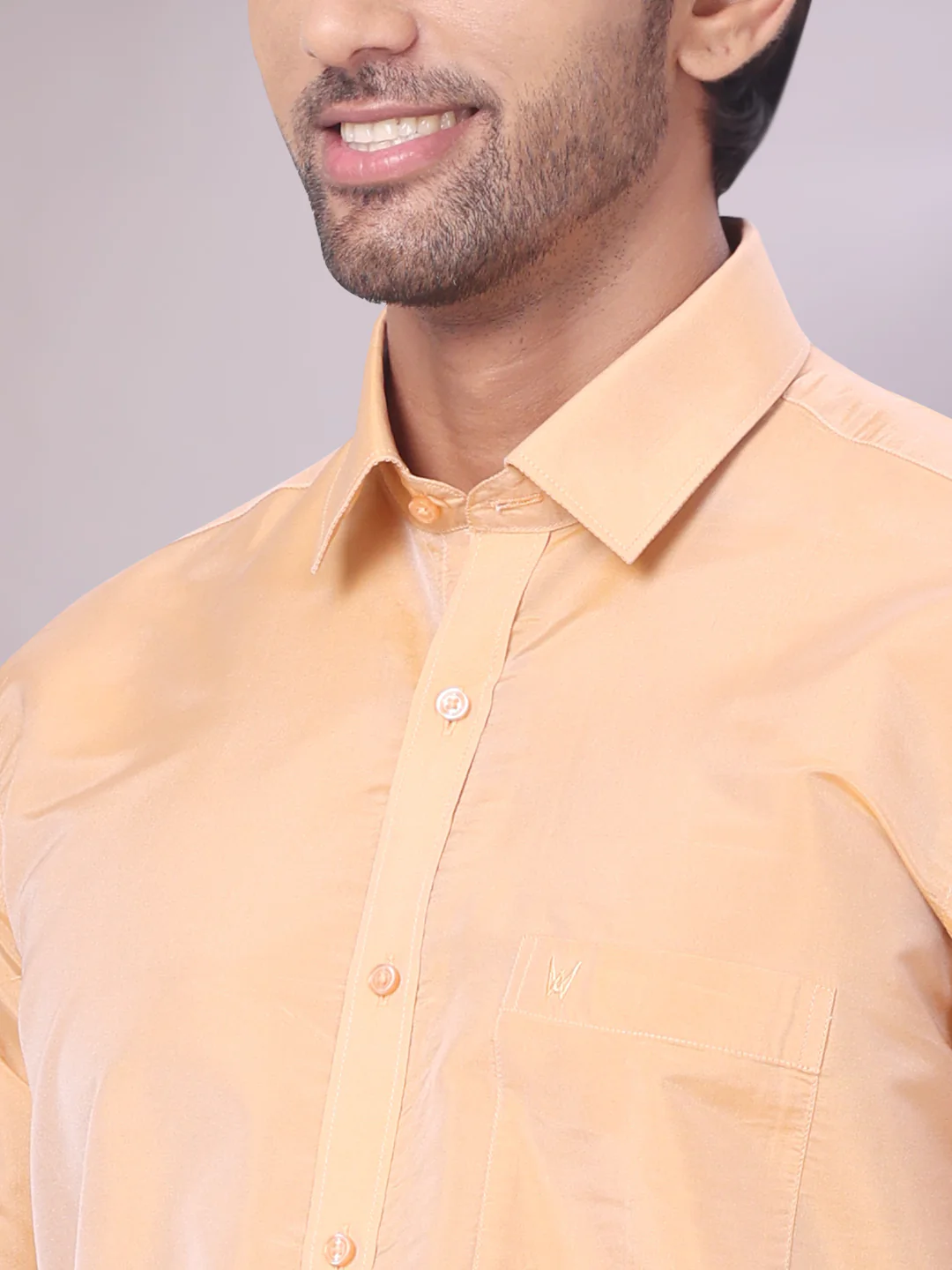 Men's Art Silk Dark Gold Full Sleeves Shirt with Gold Jari Border Flexi Dhoti & Towel Combo Blush - Image 8