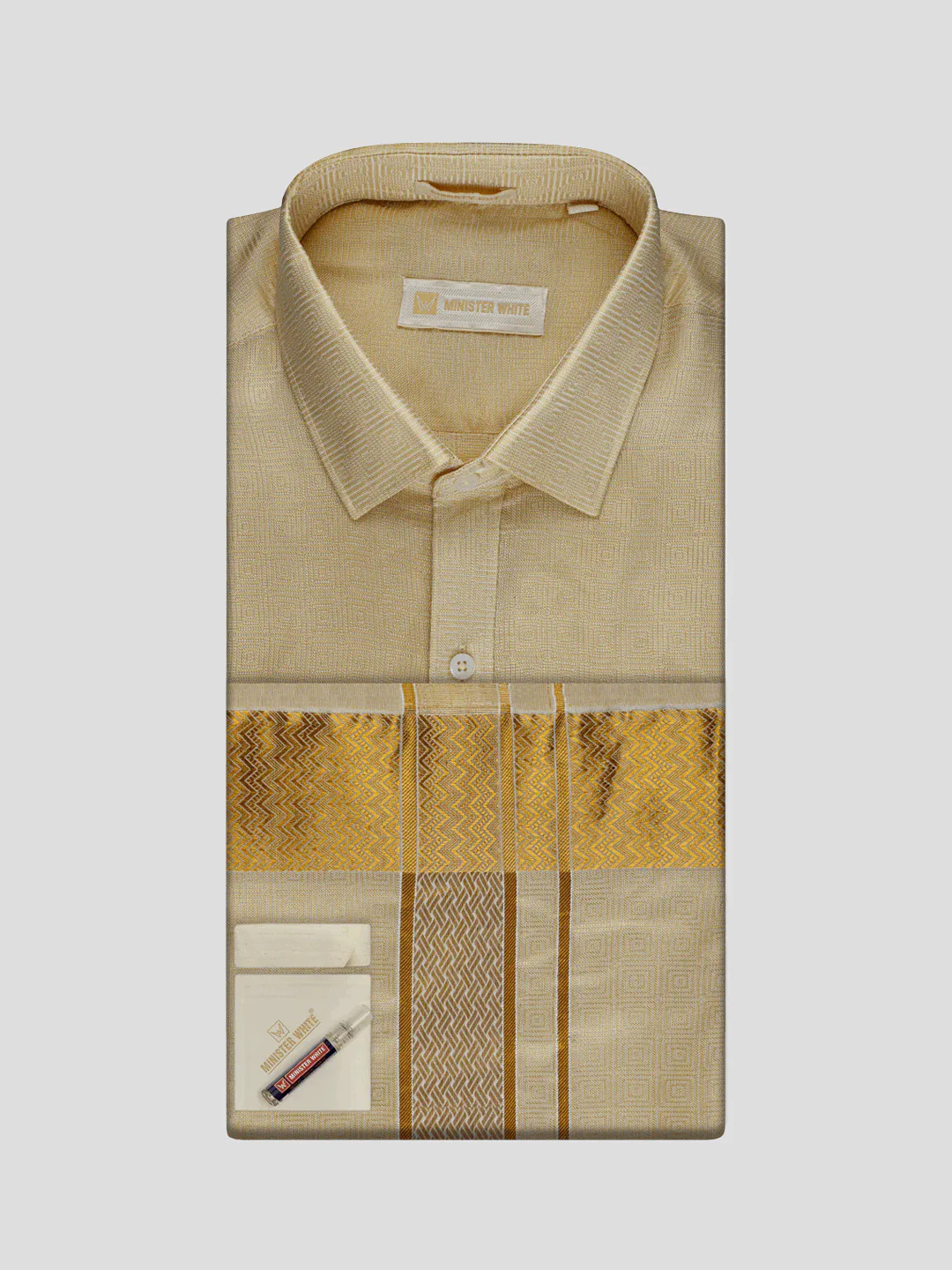 Men's Art Silk Fawn Gold Jacquard Full Sleeves Shirt with 2 1/2" Jari Border Dhoti Combo Nautica