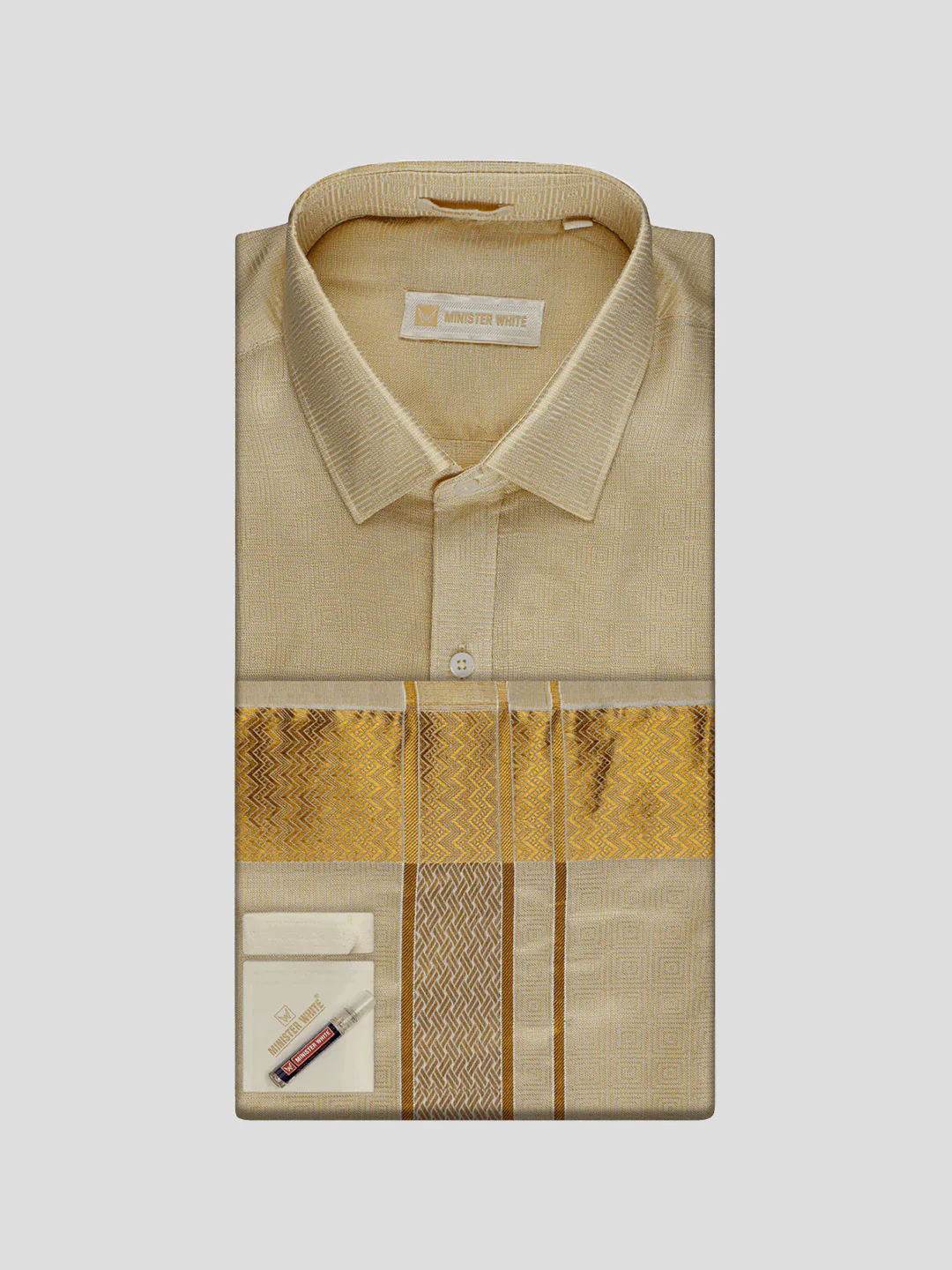 Men's Art Silk Fawn Jacquard Full Sleeves Shirt with 2 1/2" Gold Jari Border Dhoti & Towel Combo Nautica - Image 2
