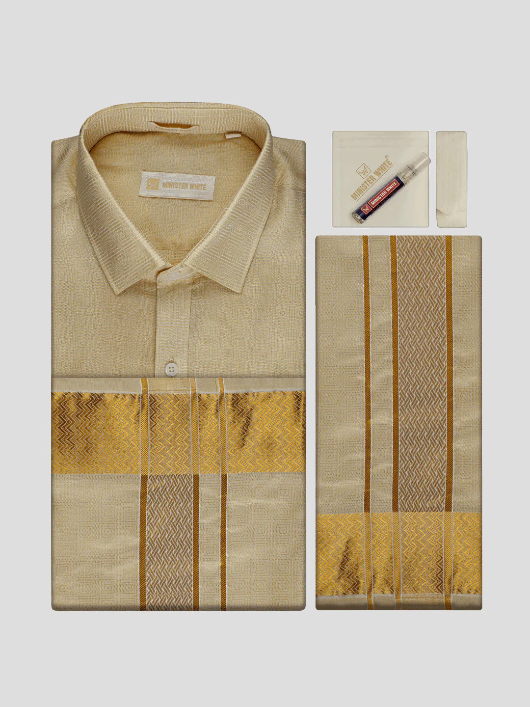 Men's Art Silk Fawn Jacquard Full Sleeves Shirt with 2 1/2" Gold Jari Border Dhoti & Towel Combo Nautica - Image 4