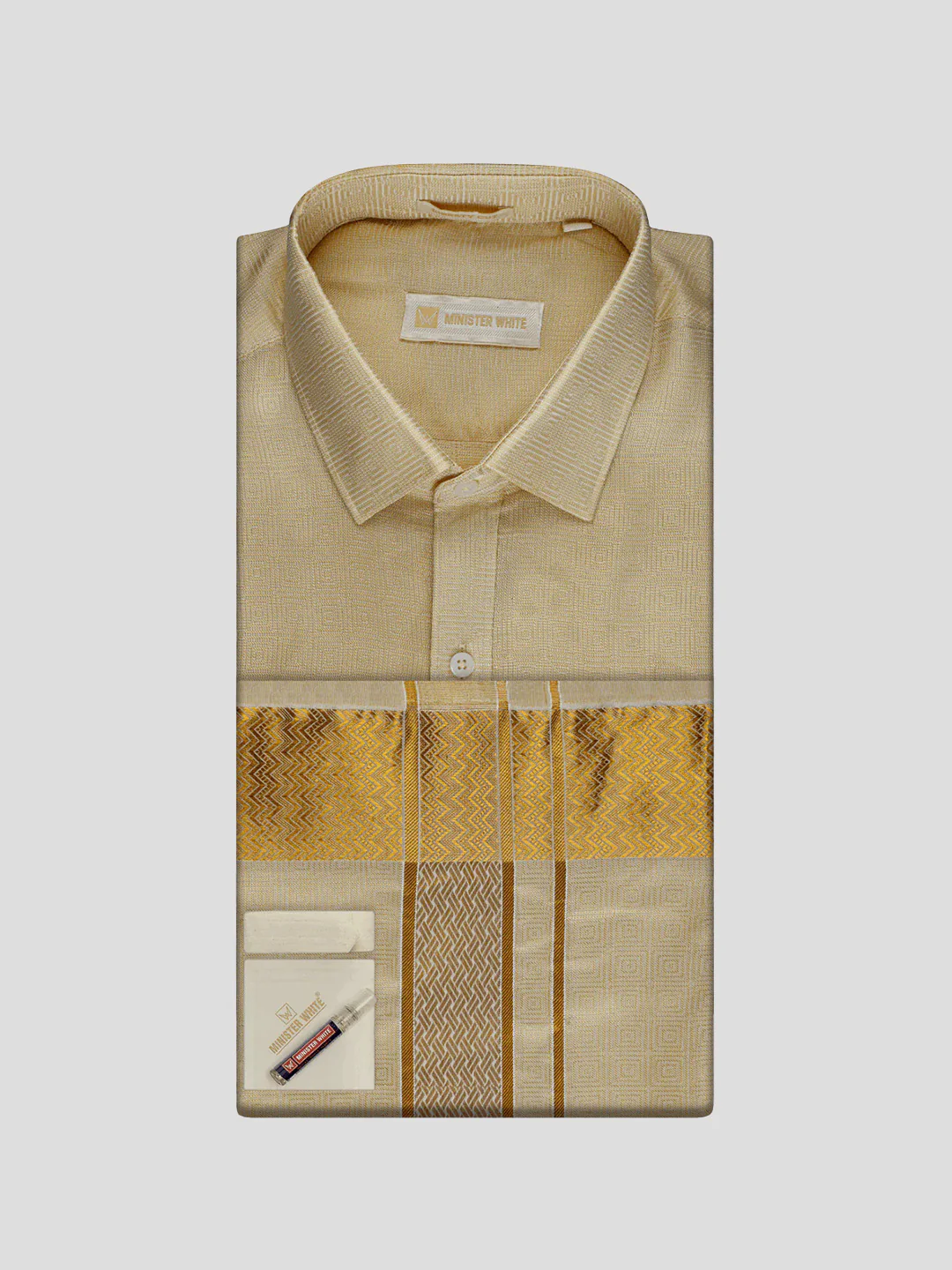 Men's Art Silk Fawn Jacquard Full Sleeves Shirt with 2 1/2" Gold Jari Border Dhoti & Towel Combo Nautica - Image 5