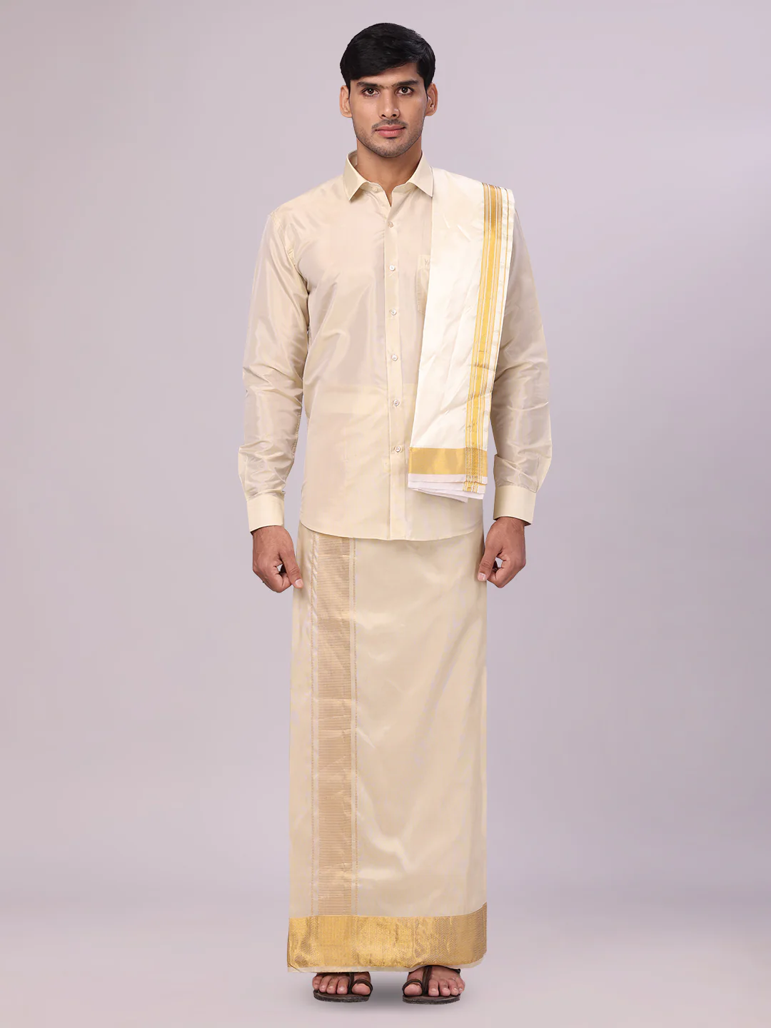 Men's Art Silk Fawn Gold Jacquard Full Sleeves Shirt with 4" Gold Jari Border Dhoti & Towel Combo Mangal