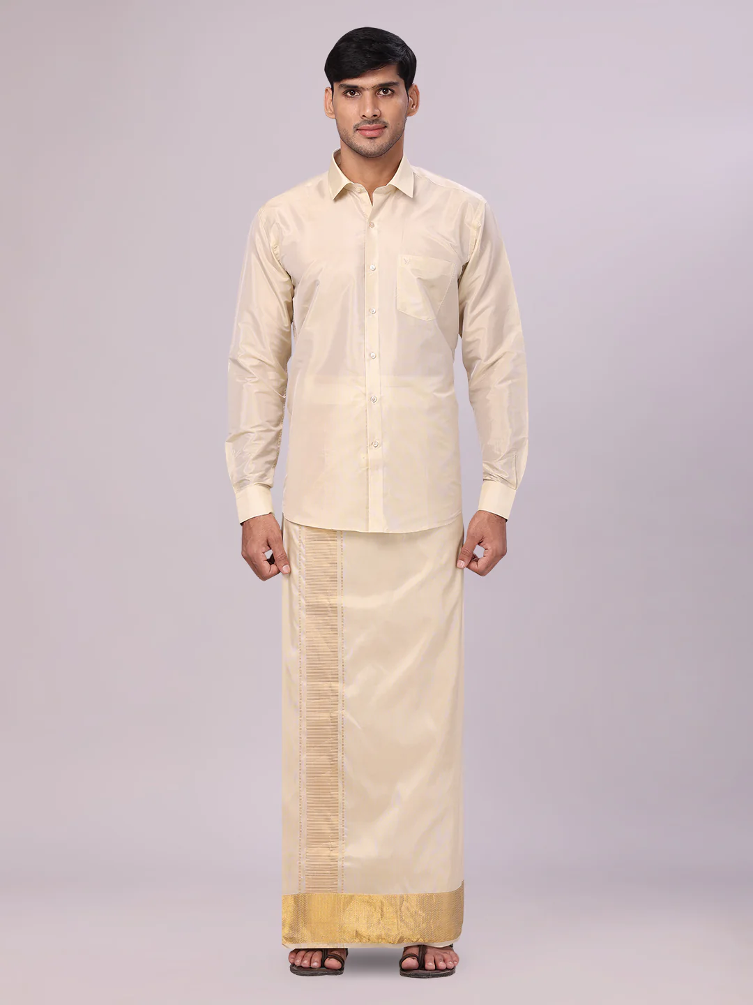 Men's Art Silk Fawn Gold Jacquard Full Sleeves Shirt with 4" Gold Jari Border Dhoti & Towel Combo Mangal - Image 2
