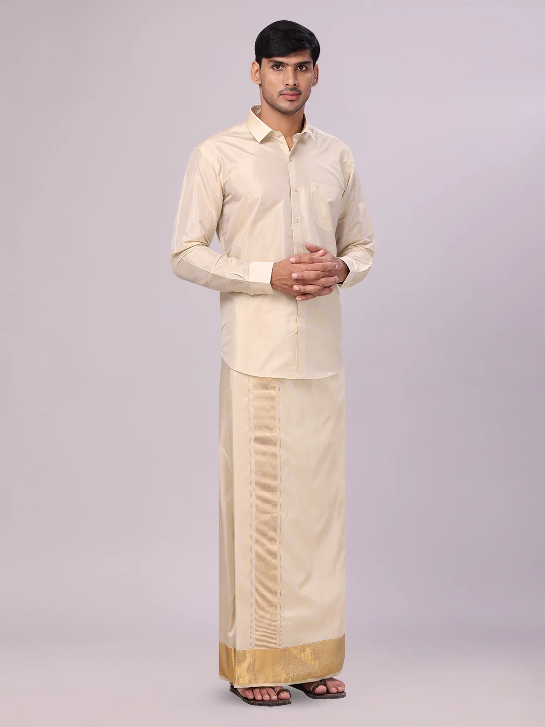 Men's Art Silk Fawn Gold Jacquard Full Sleeves Shirt with 4" Gold Jari Border Dhoti & Towel Combo Mangal - Image 3