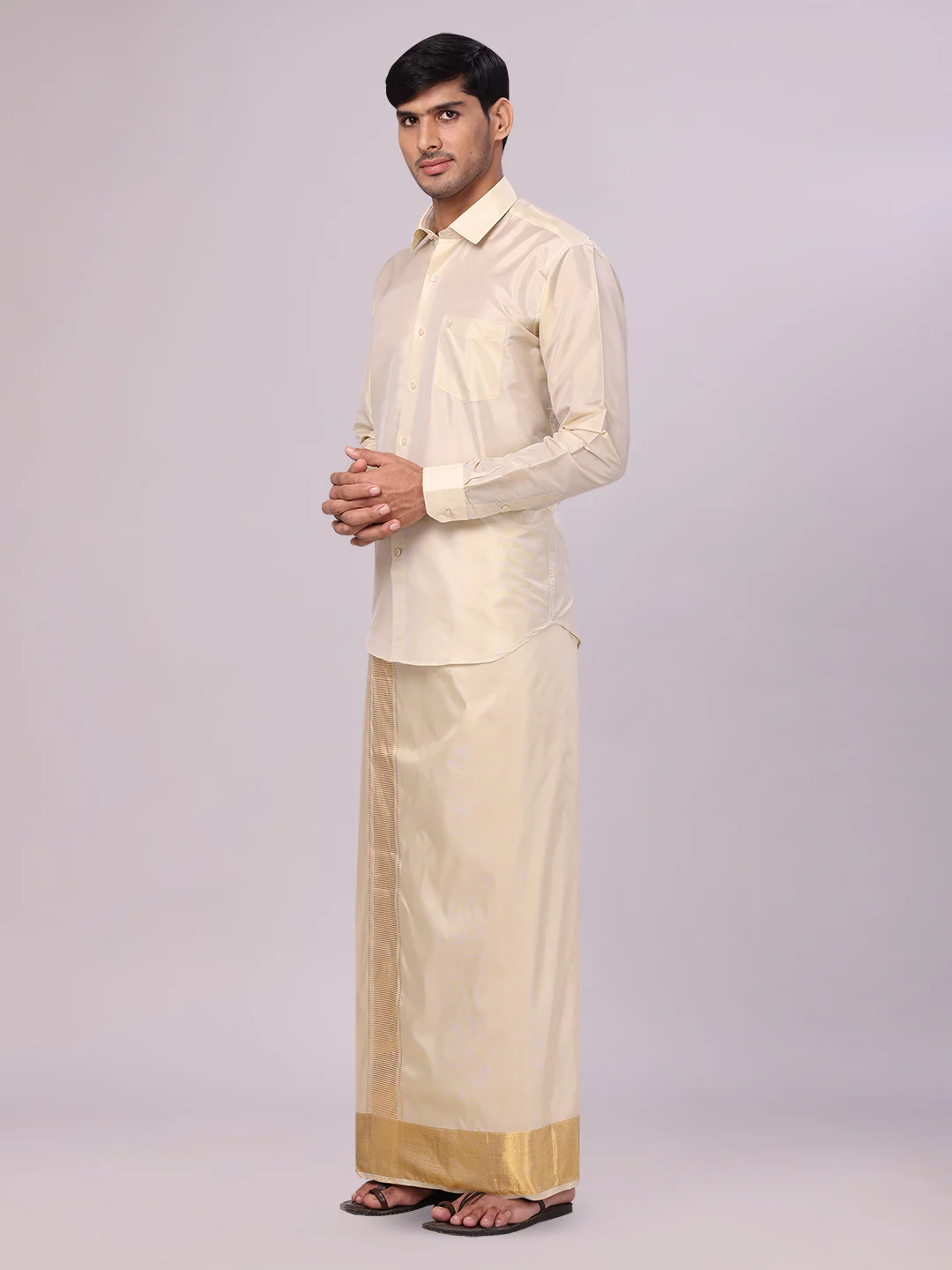 Men's Art Silk Fawn Gold Jacquard Full Sleeves Shirt with 4" Gold Jari Border Dhoti & Towel Combo Mangal - Image 4