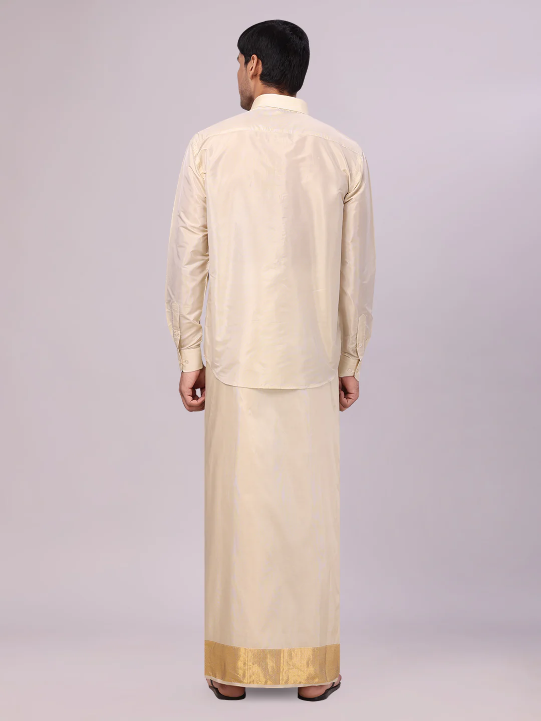 Men's Art Silk Fawn Gold Jacquard Full Sleeves Shirt with 4" Gold Jari Border Dhoti & Towel Combo Mangal - Image 5