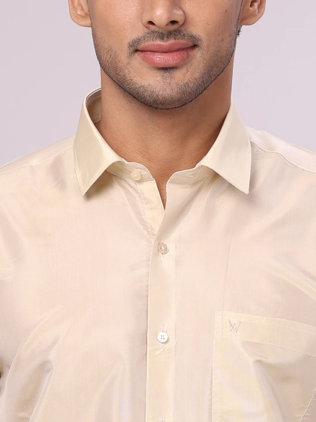 Men's Art Silk Fawn Gold Jacquard Full Sleeves Shirt with 4" Gold Jari Border Dhoti & Towel Combo Mangal - Image 6