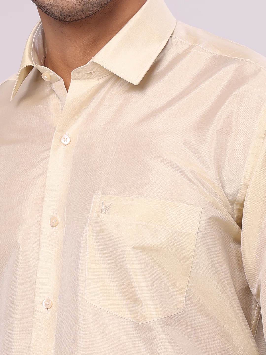 Men's Art Silk Fawn Gold Jacquard Full Sleeves Shirt with 4" Gold Jari Border Dhoti & Towel Combo Mangal - Image 7