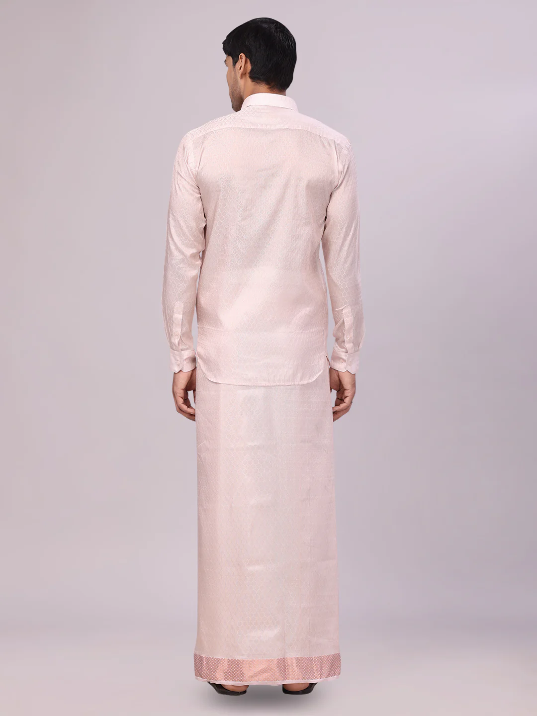 Men's Art Silk Light Copper Jacquard Full Sleeves Shirt with 2 1/2" Copper Jari Border Dhoti Combo Spruce - Image 4