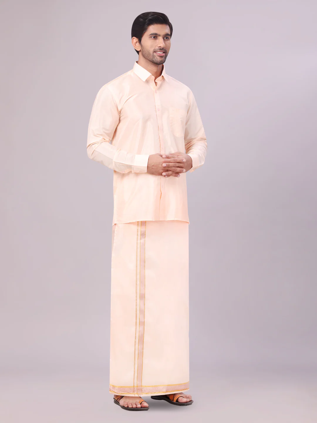 Men's Art Silk Light Peach Full Sleeves Shirt with Copper Jari Border Dhoti Combo Finesse - Image 2