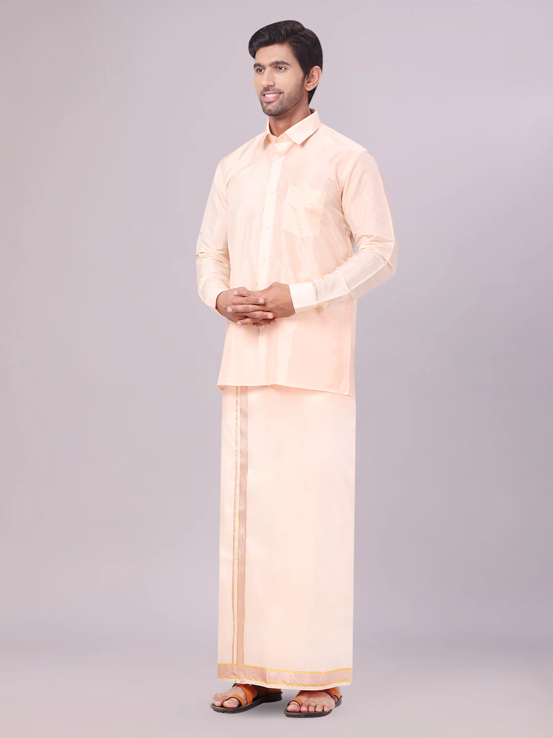 Men's Art Silk Light Peach Full Sleeves Shirt with Copper Jari Border Dhoti Combo Finesse - Image 3