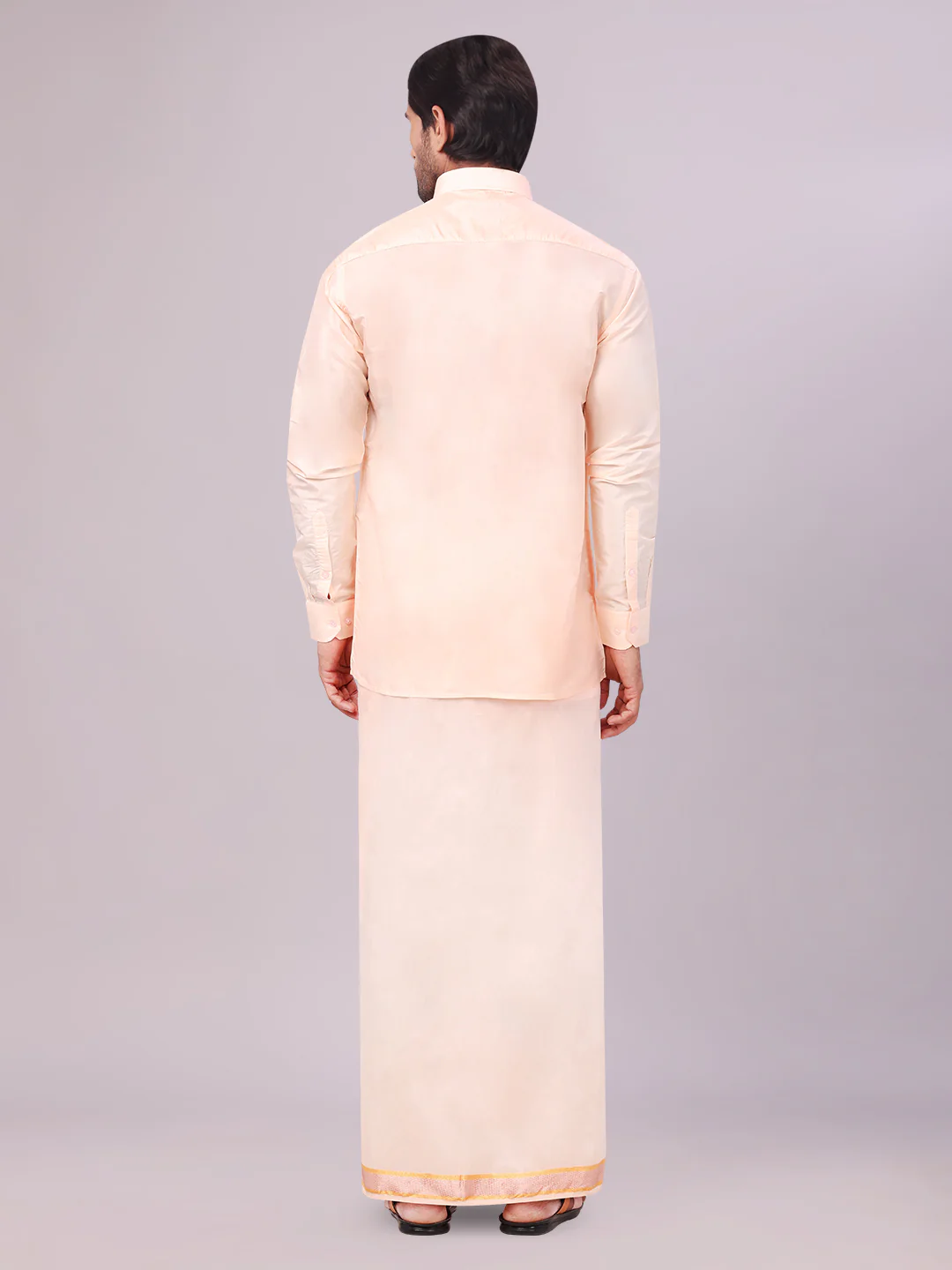 Men's Art Silk Light Peach Full Sleeves Shirt with Copper Jari Border Dhoti Combo Finesse - Image 4