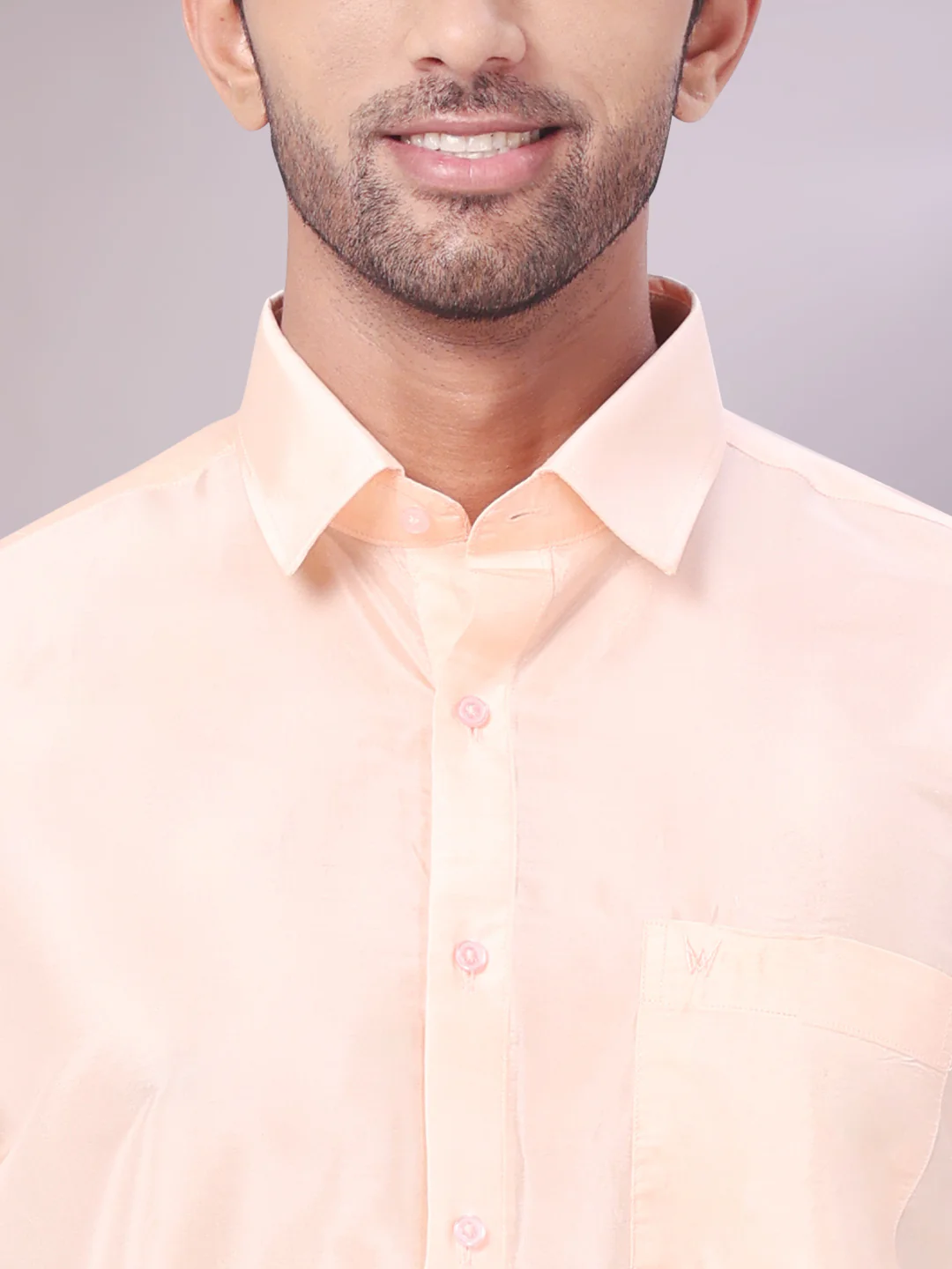 Men's Art Silk Light Peach Full Sleeves Shirt with Copper Jari Border Dhoti Combo Finesse - Image 5