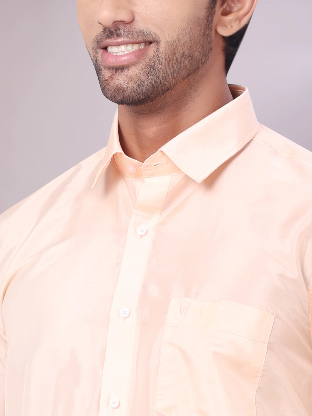 Men's Art Silk Light Peach Full Sleeves Shirt with Copper Jari Border Dhoti Combo Finesse - Image 6