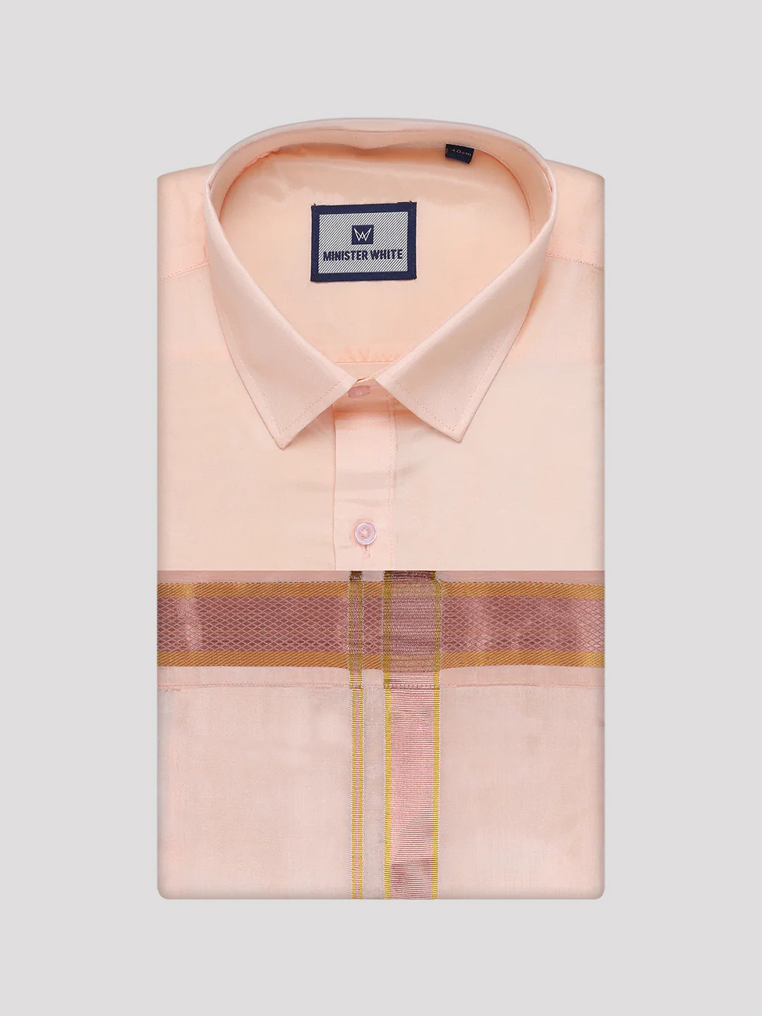 Men's Art Silk Light Peach Full Sleeves Shirt with Copper Jari Border Dhoti Combo Finesse - Image 7