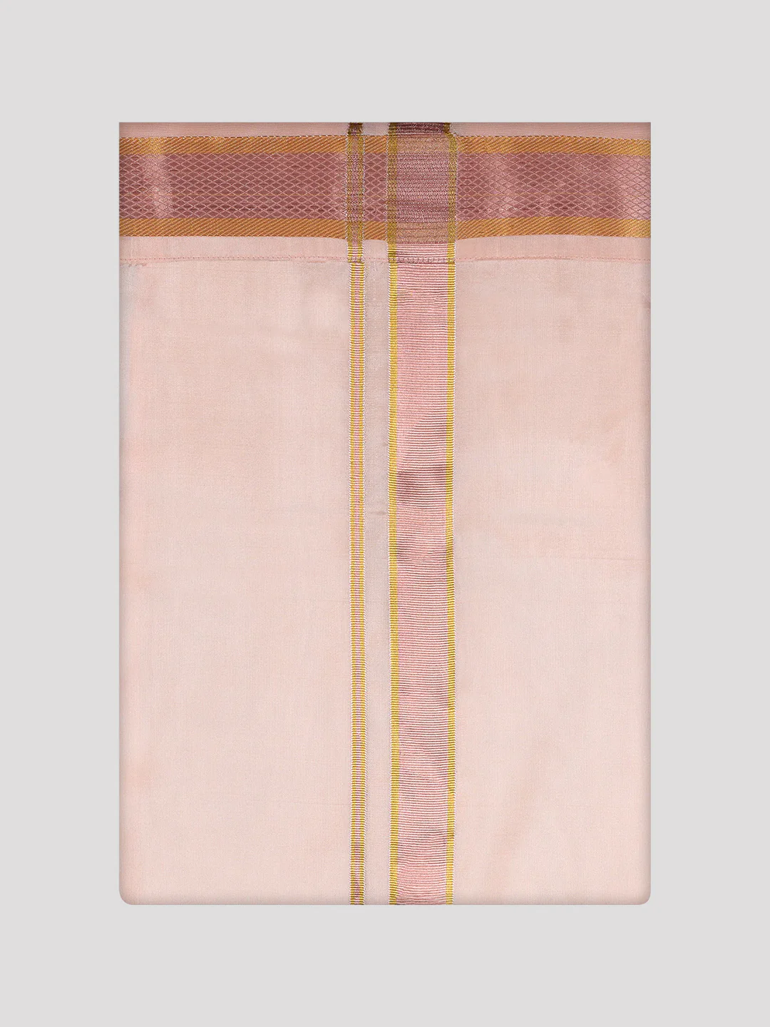 Men's Art Silk Light Peach Full Sleeves Shirt with Copper Jari Border Dhoti Combo Finesse - Image 9