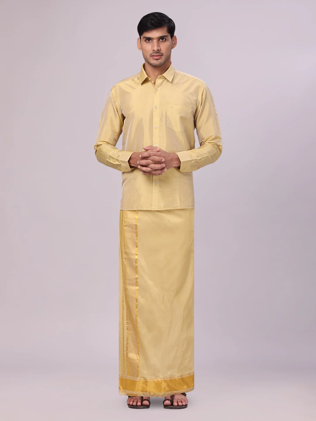 Men's Art Silk Mango Gold Full Sleeves Shirt with 3 1/2" Gold Jari Border Dhoti Combo Mangal