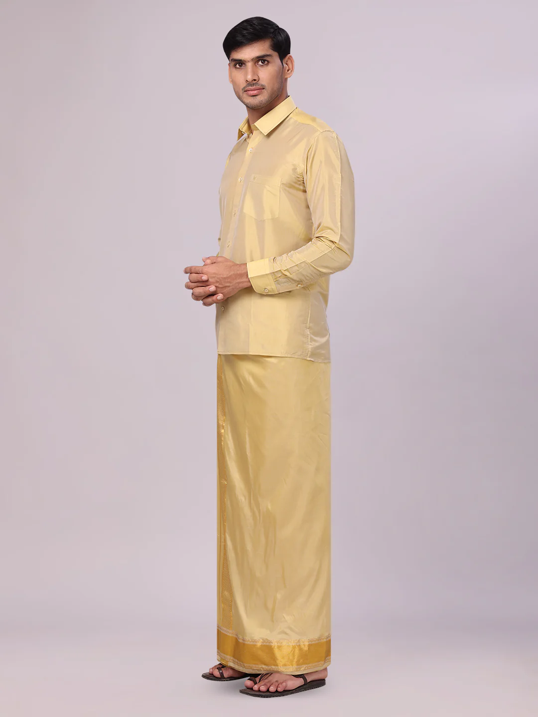 Men's Art Silk Mango Gold Full Sleeves Shirt with 3 1/2" Gold Jari Border Dhoti Combo Mangal - Image 3