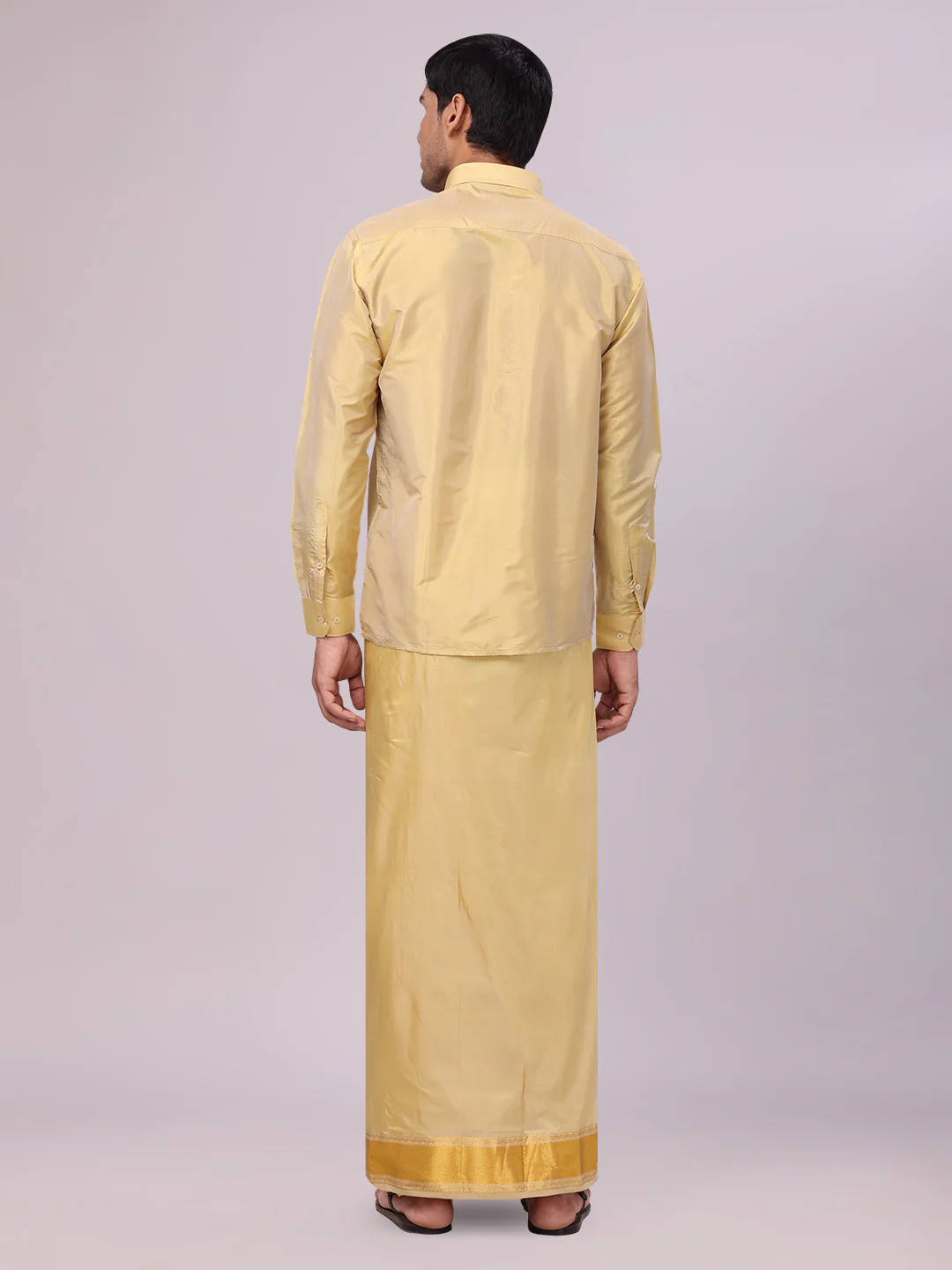 Men's Art Silk Mango Gold Full Sleeves Shirt with 3 1/2" Gold Jari Border Dhoti Combo Mangal - Image 4