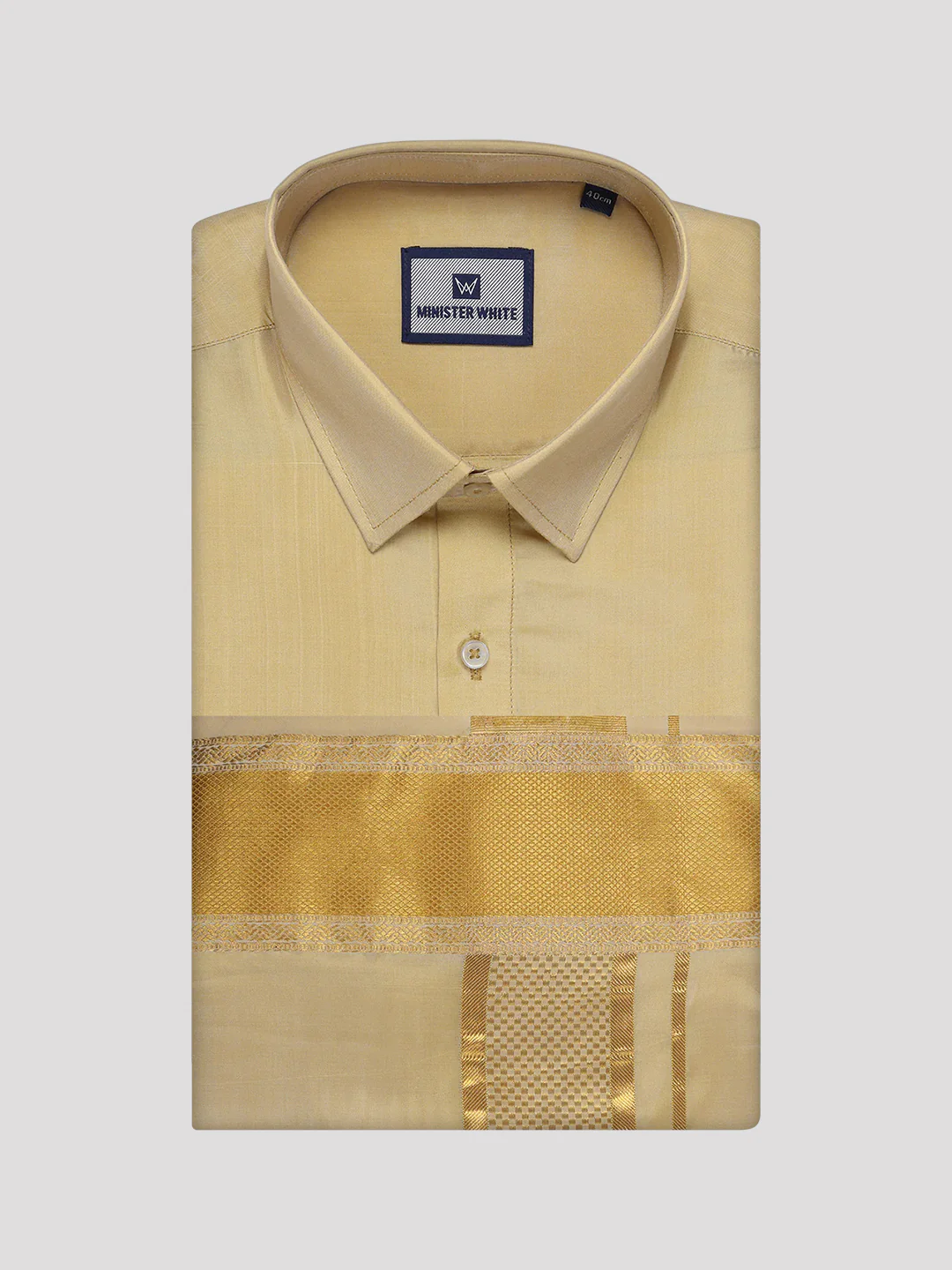 Men's Art Silk Mango Gold Full Sleeves Shirt with 3 1/2" Gold Jari Border Dhoti Combo Mangal - Image 5