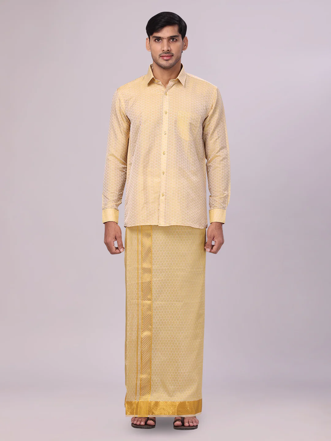 Men's Art Silk Mango Gold Jacquard Full Sleeves Shirt with 2 1/2" Gold Jari Border Dhoti Combo Spruce
