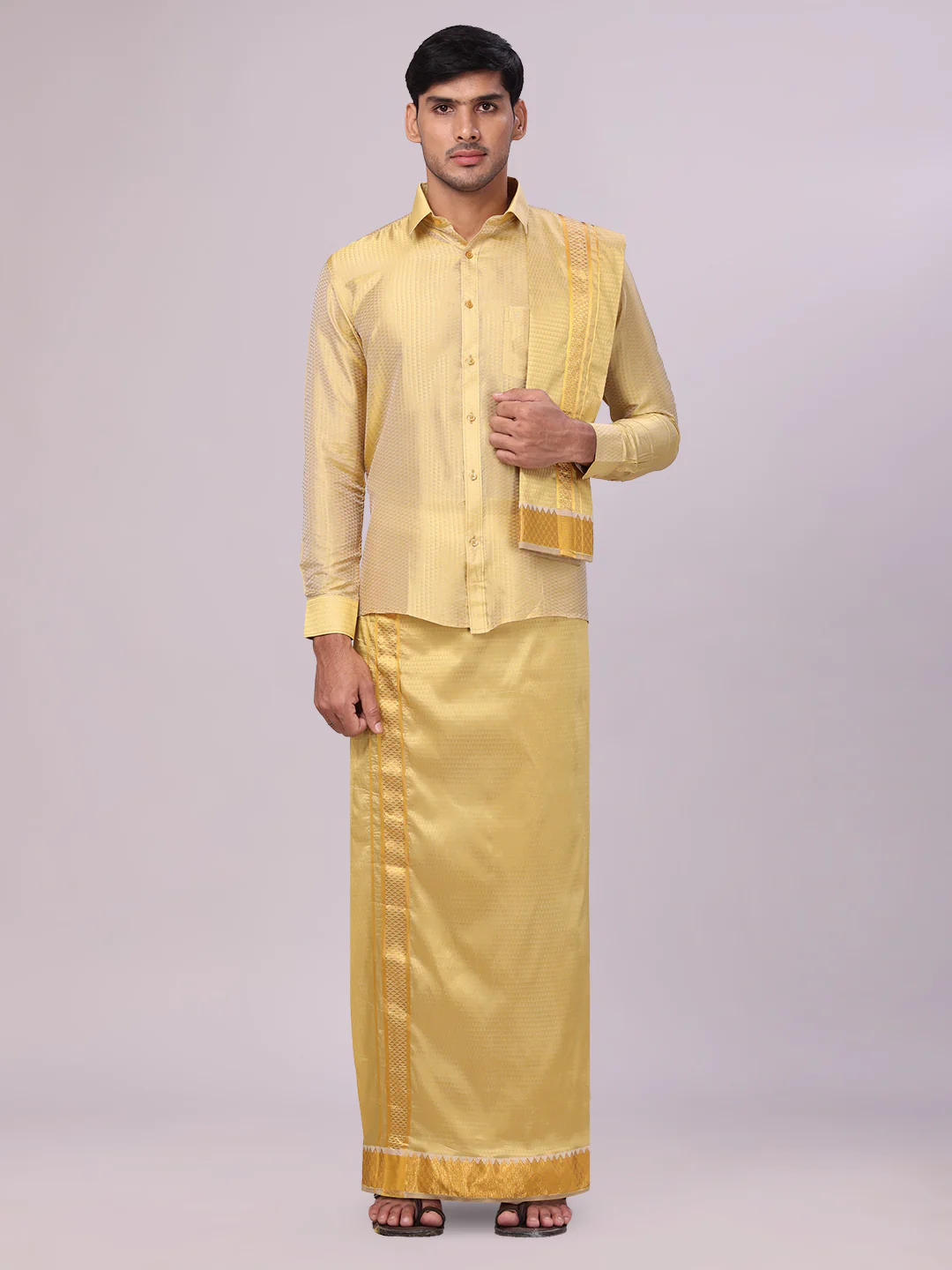 Men's Art Silk Mango Jacquard Gold Full Sleeves Shirt with 2 1/2" Jari Border Dhoti & Towel Combo Nautica