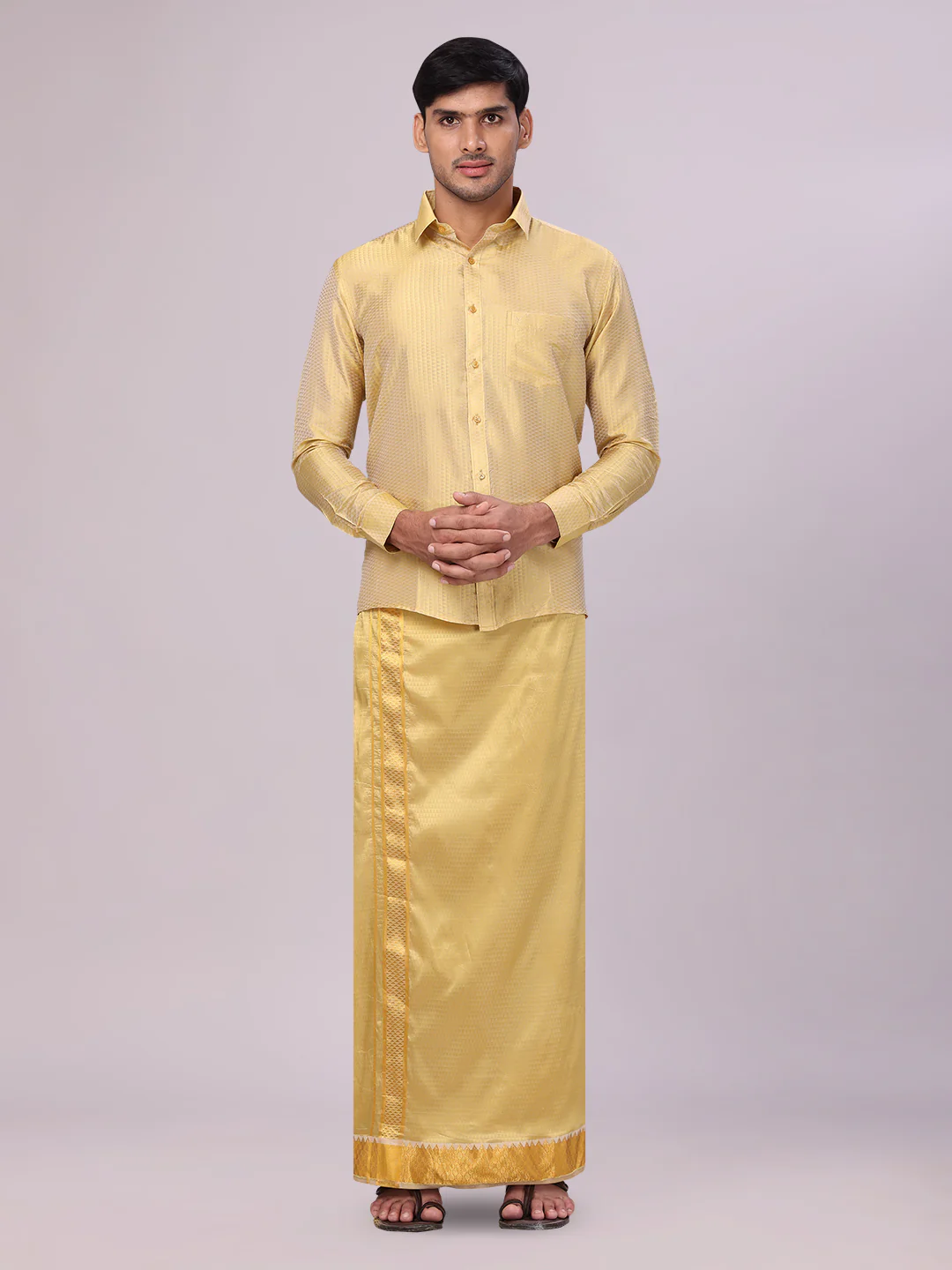 Men's Art Silk Mango Jacquard Gold Full Sleeves Shirt with 2 1/2" Jari Border Dhoti & Towel Combo Nautica - Image 2