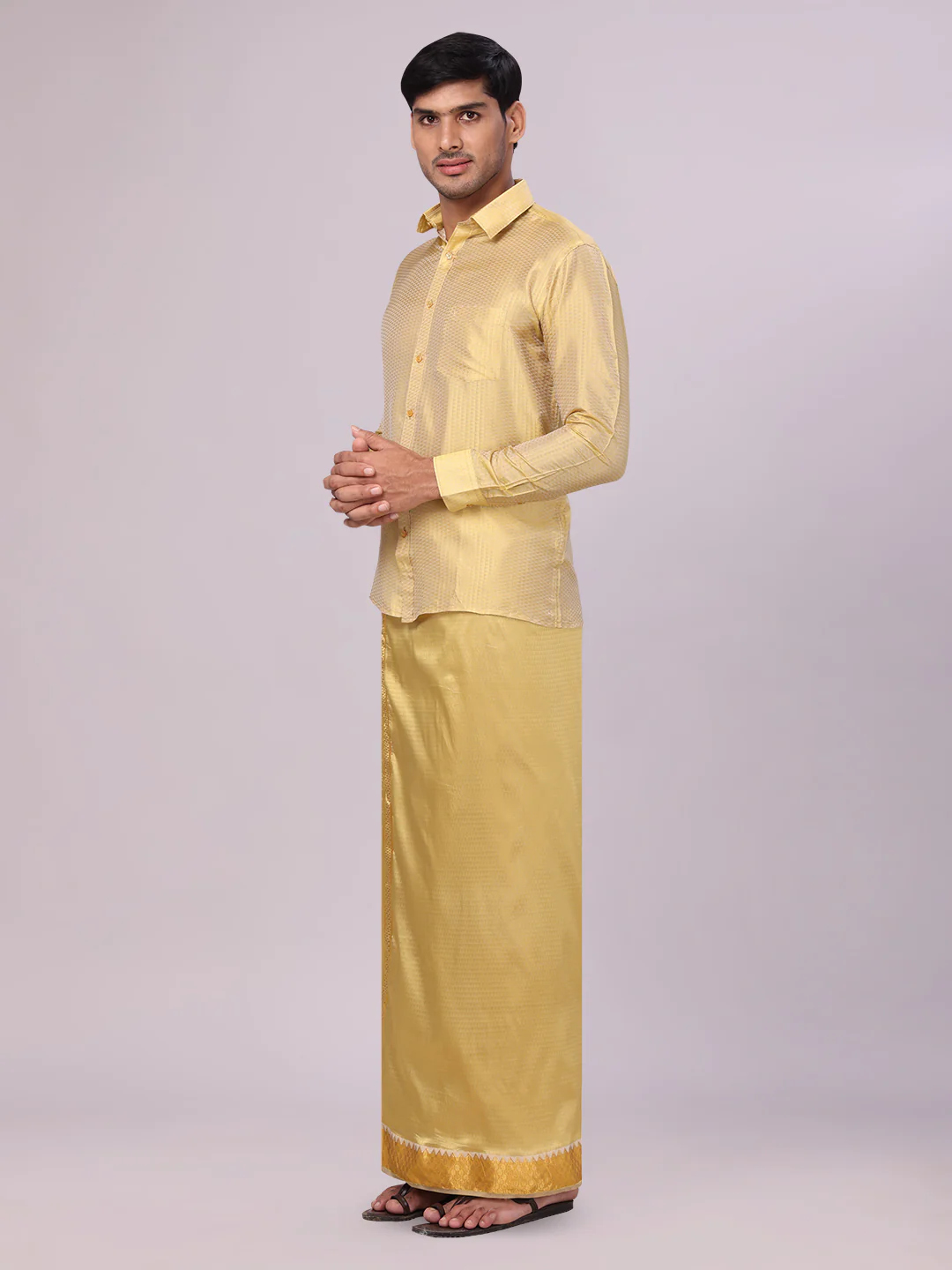 Men's Art Silk Mango Jacquard Gold Full Sleeves Shirt with 2 1/2" Jari Border Dhoti & Towel Combo Nautica - Image 3