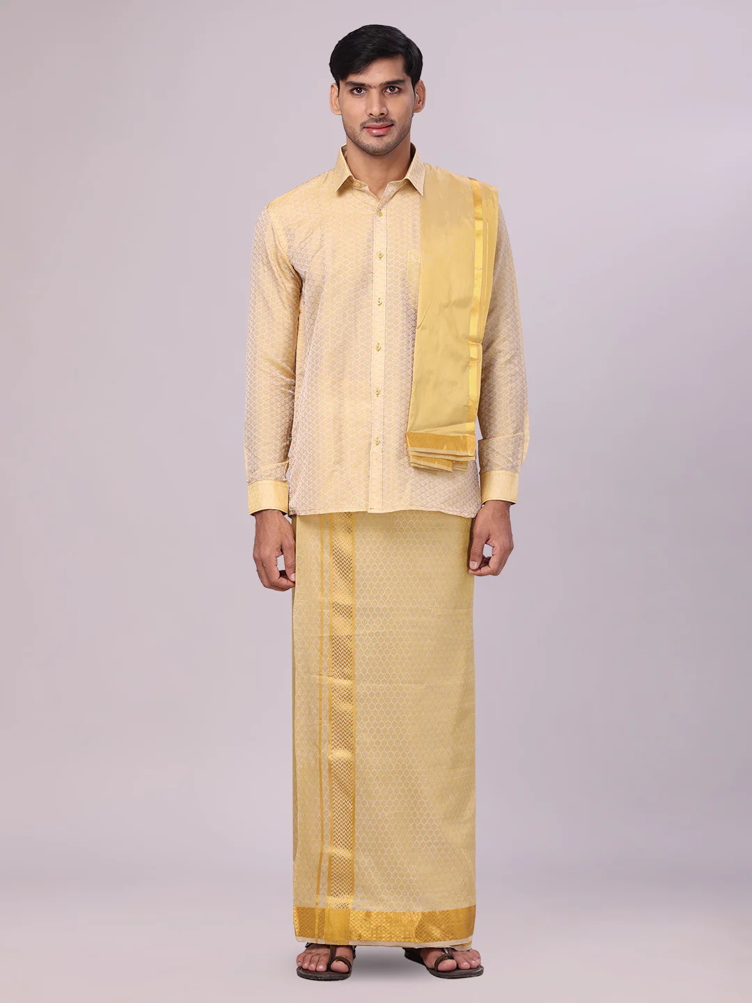 Men's Art Silk Jacquard Mango Full Sleeves Shirt with 2 1/2" Gold Jari Border & Towel Dhoti Combo Spruce