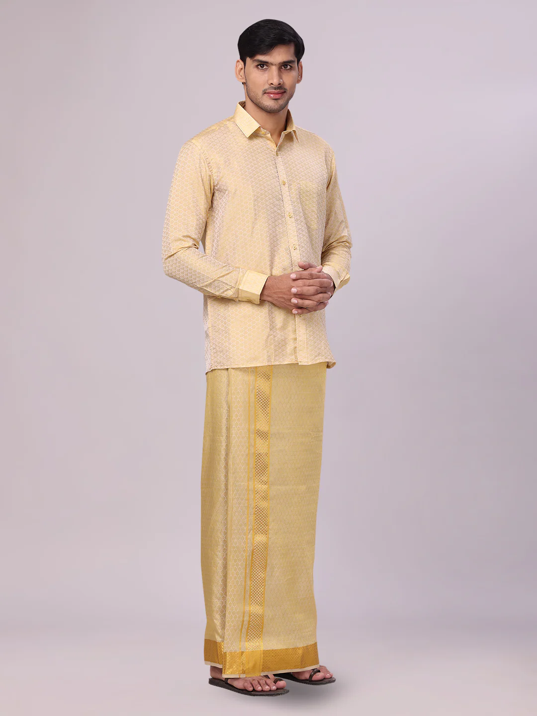 Men's Art Silk Jacquard Mango Full Sleeves Shirt with 2 1/2" Gold Jari Border & Towel Dhoti Combo Spruce - Image 3