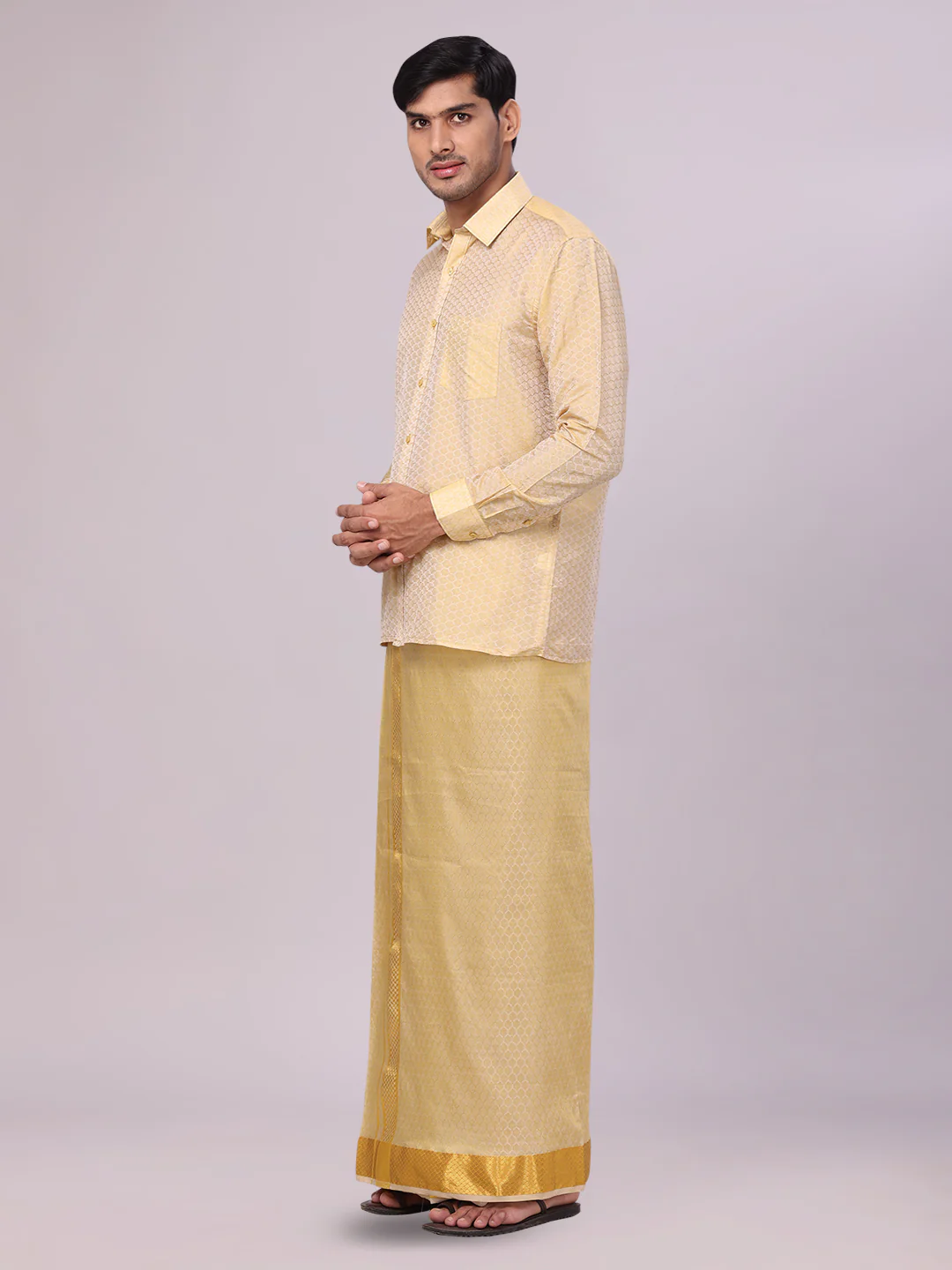 Men's Art Silk Jacquard Mango Full Sleeves Shirt with 2 1/2" Gold Jari Border & Towel Dhoti Combo Spruce - Image 4