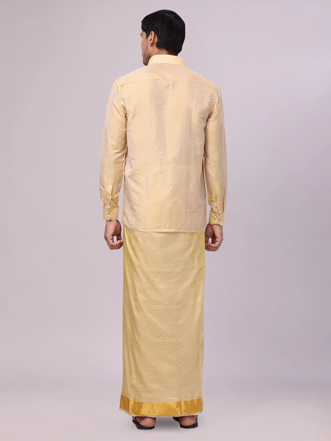 Men's Art Silk Jacquard Mango Full Sleeves Shirt with 2 1/2" Gold Jari Border & Towel Dhoti Combo Spruce - Image 5