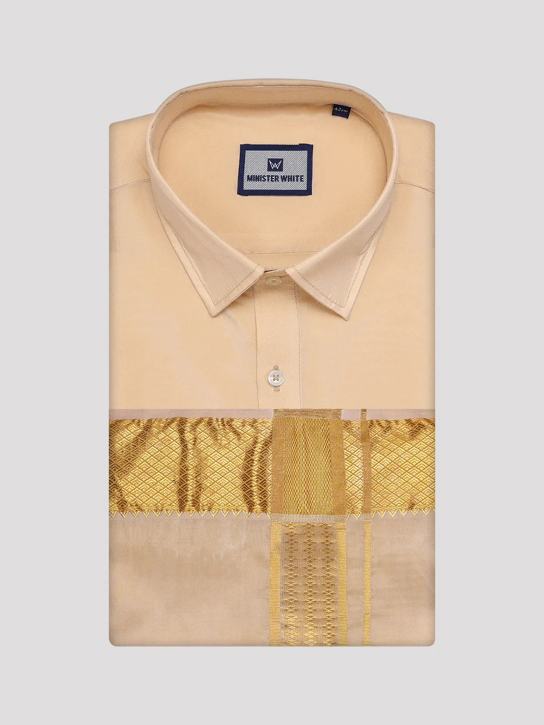 Men's Art Silk Medium Gold Full Sleeves Plain Shirt with 3" Gold Jari Border Dhoti Combo Mangal