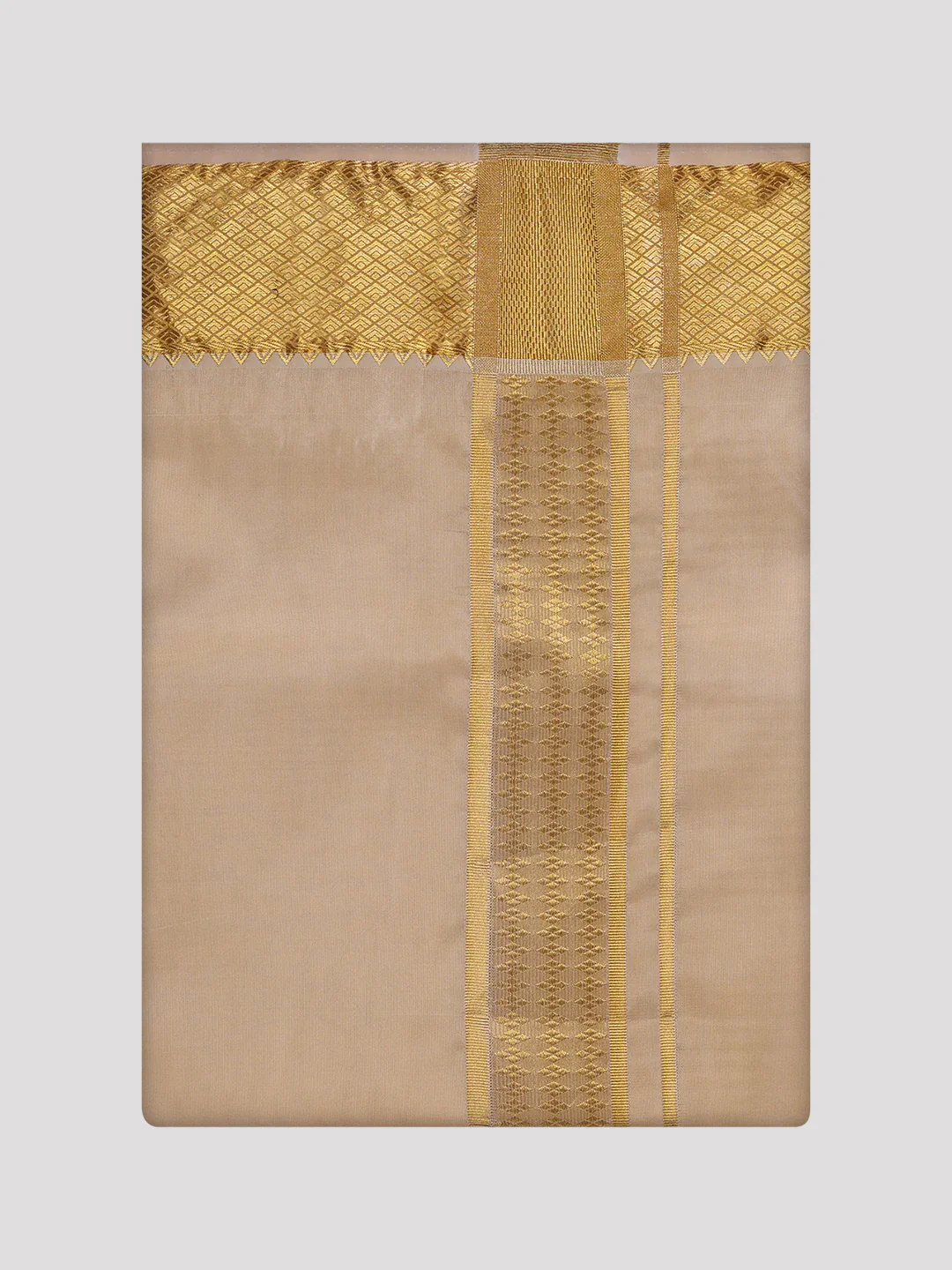 Men's Art Silk Medium Gold Full Sleeves Plain Shirt with 3" Gold Jari Border Dhoti Combo Mangal - Image 3