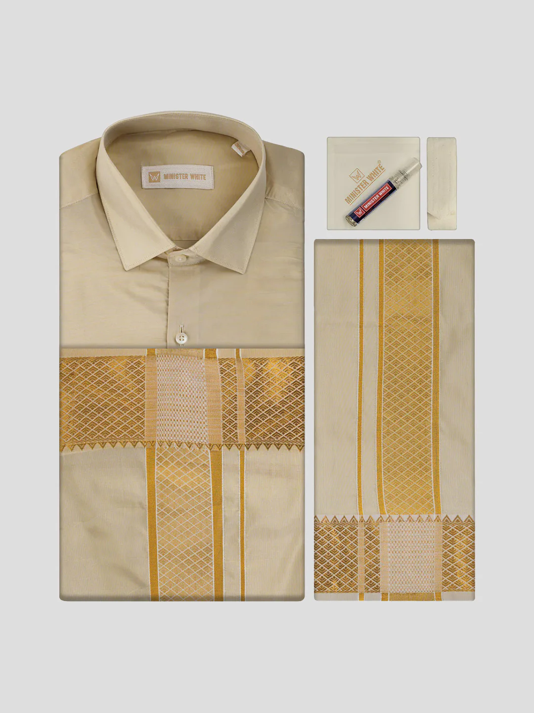 Men's Art Silk Medium Gold Jacquard Full Sleeves Shirt with 3" Gold Jari Border Dhoti & Towel Combo Mangal