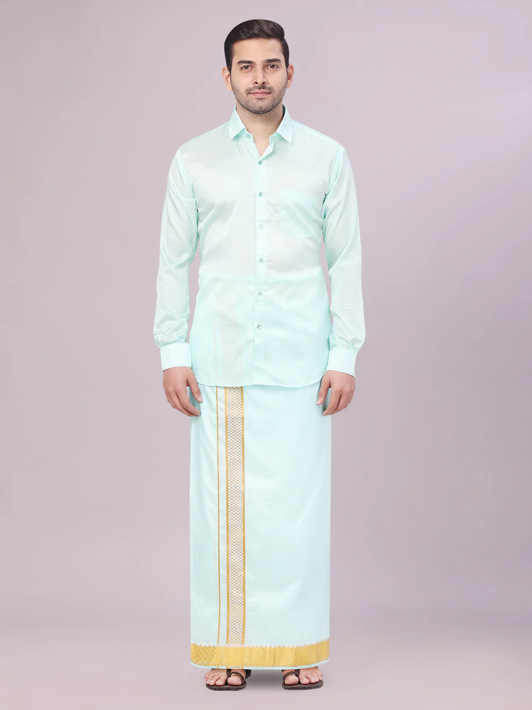 Men's Art Silk Mint Gold Jacquard Full Sleeves Shirt with 2 1/2" Jari Border Dhoti & Towel Combo Nautica - Image 2