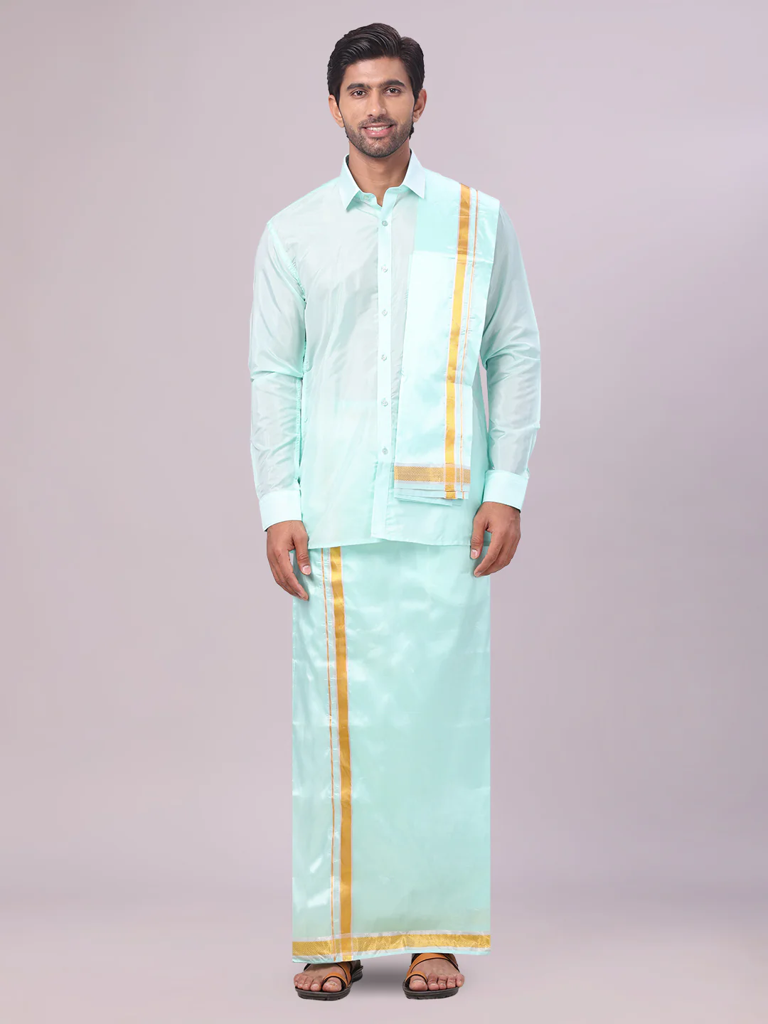 Men's Art Silk Mint Leaf Green Full Sleeves Shirt with Gold Jari Border Dhoti & Towel Combo Blush