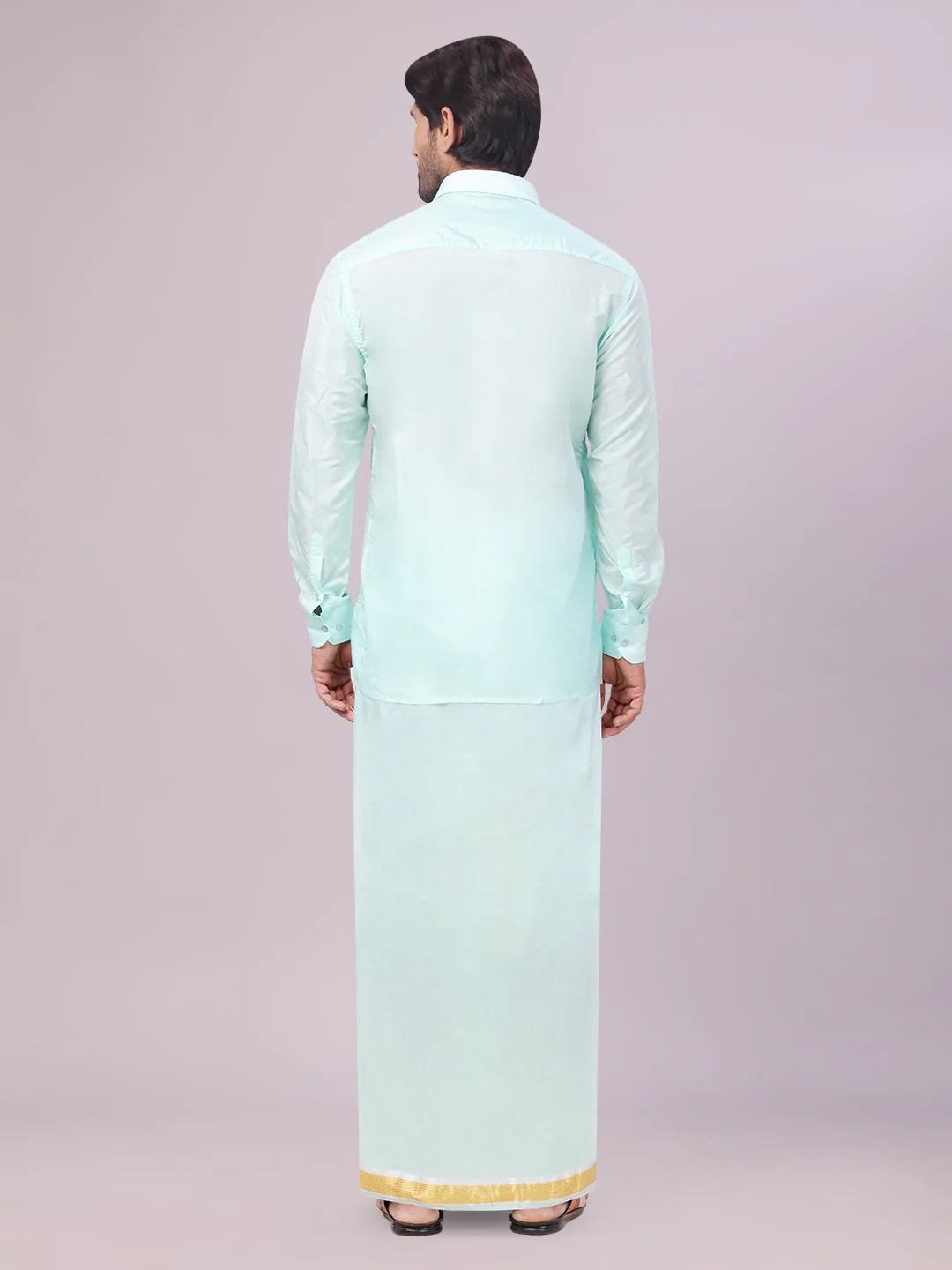 Men's Art Silk Mint Leaf Green Full Sleeves Shirt with Gold Jari Border Dhoti & Towel Combo Blush - Image 5