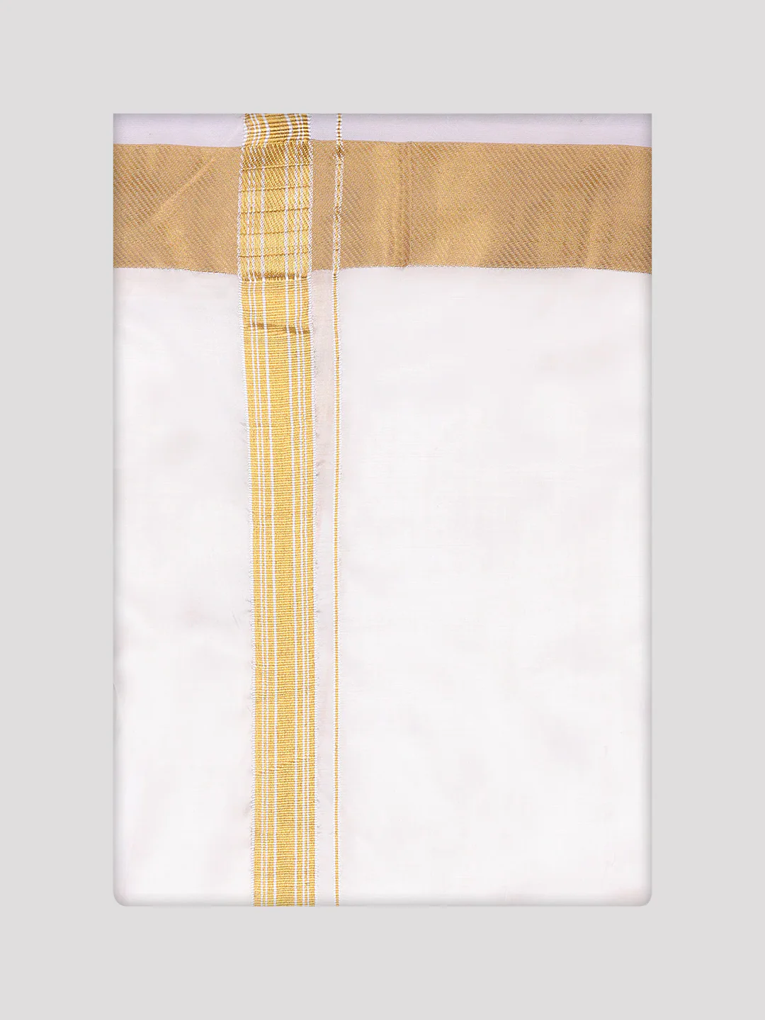 Men's Art Silk Off White Full Sleeves Shirt with 100k Gold Jari Border Dhoti Combo Finesse - Image 3