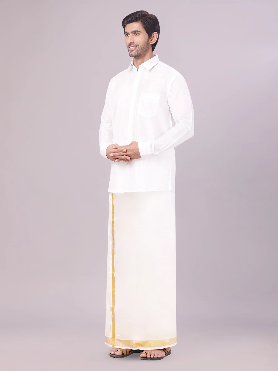 Men's Art Silk Off White Full Sleeves Shirt with 70k Gold Jari Border Dhoti Combo Finesse - Image 2