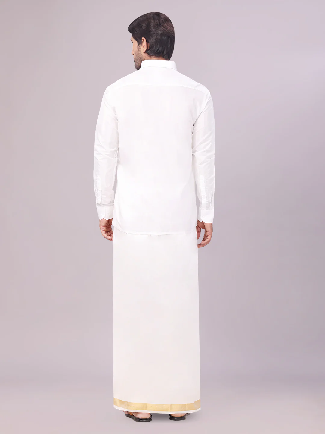 Men's Art Silk Off White Full Sleeves Shirt with 70k Gold Jari Border Dhoti Combo Finesse - Image 4