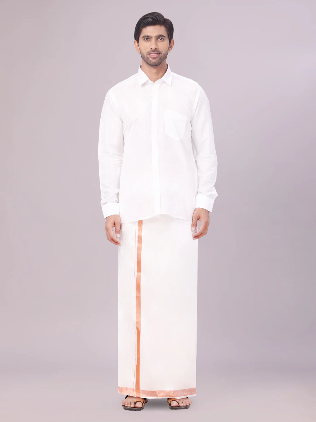 Men's Art Silk Off White Full Sleeves Shirt with Copper Jari Border Dhoti Combo Finesse
