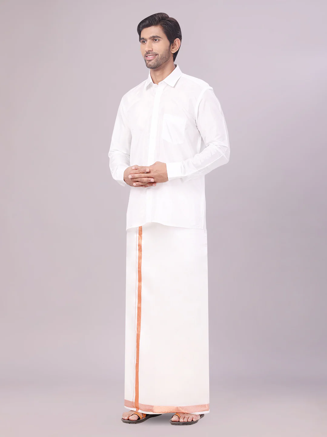 Men's Art Silk Off White Full Sleeves Shirt with Copper Jari Border Dhoti Combo Finesse - Image 2