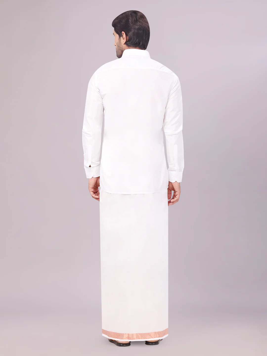 Men's Art Silk Off White Full Sleeves Shirt with Copper Jari Border Dhoti Combo Finesse - Image 4