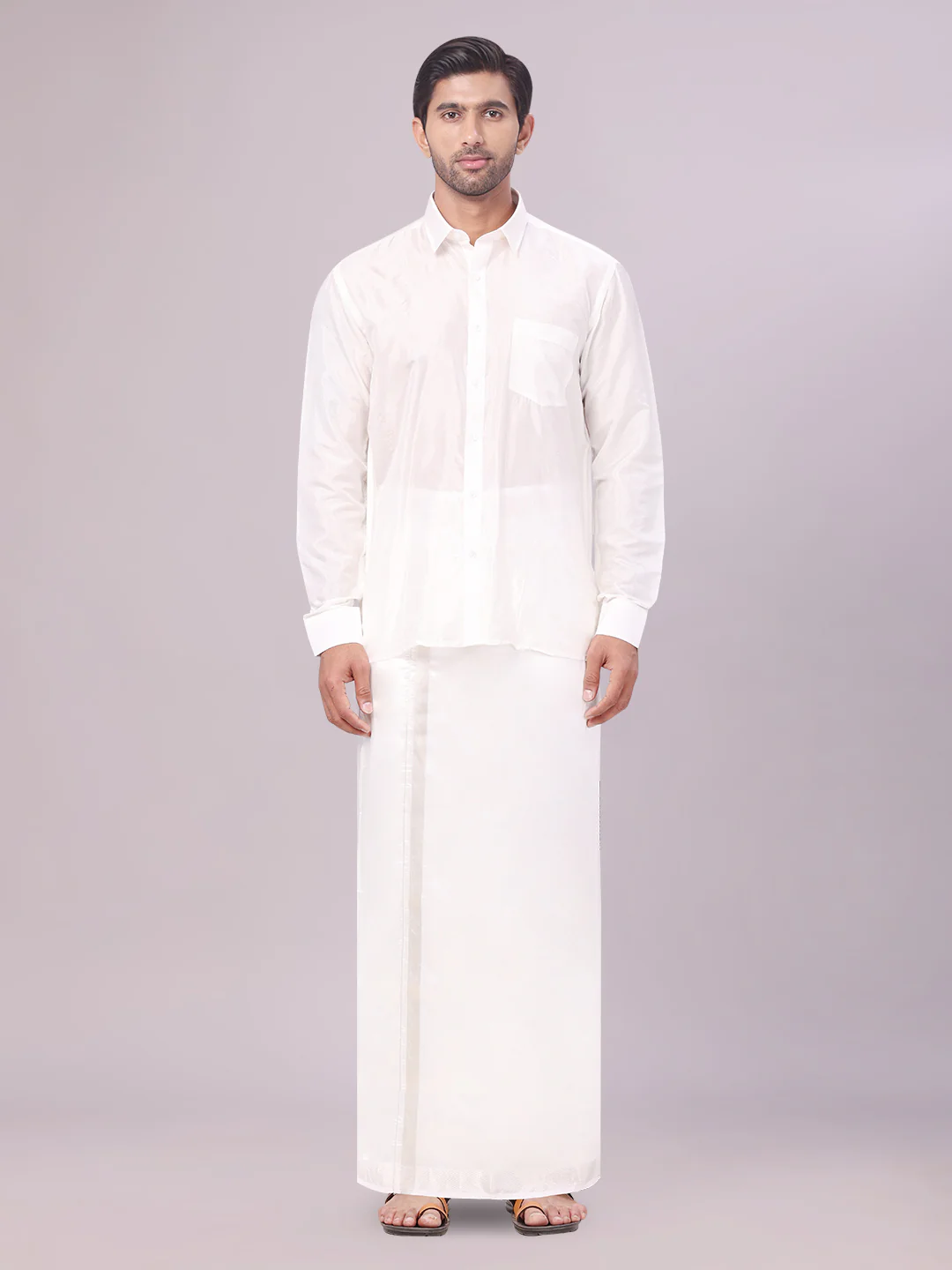 Men's Art Silk Off White Full Sleeves Shirt with Silver Jari Border Dhoti Combo Finesse