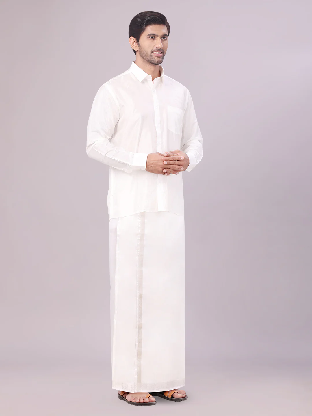 Men's Art Silk Off White Full Sleeves Shirt with Silver Jari Border Dhoti Combo Finesse - Image 2