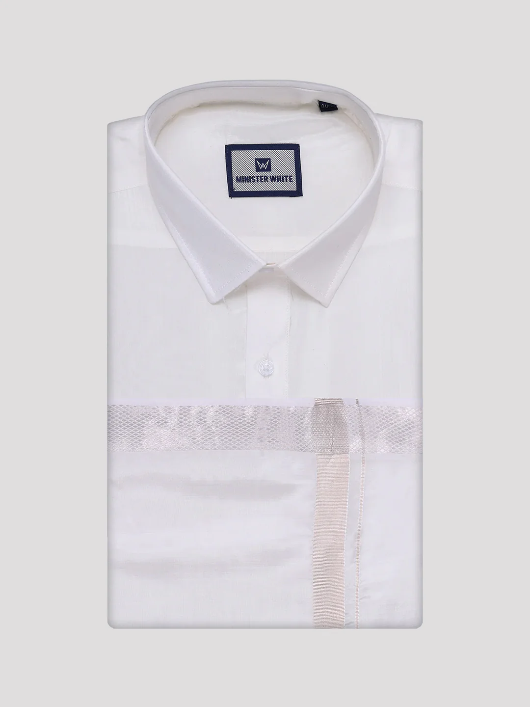 Men's Art Silk Off White Full Sleeves Shirt with Silver Jari Border Dhoti Combo Finesse - Image 6
