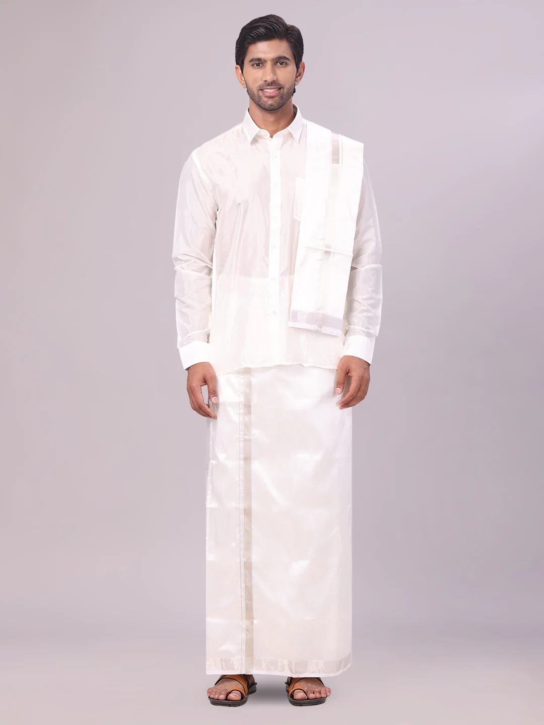 Men's Art Silk Off White Full Sleeves Shirt with Silver Jari Border Dhoti & Towel Combo Blush