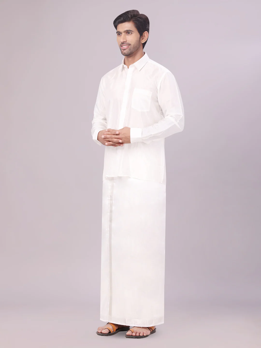 Men's Art Silk Off White Full Sleeves Shirt with Silver Jari Border Dhoti & Towel Combo Blush - Image 3
