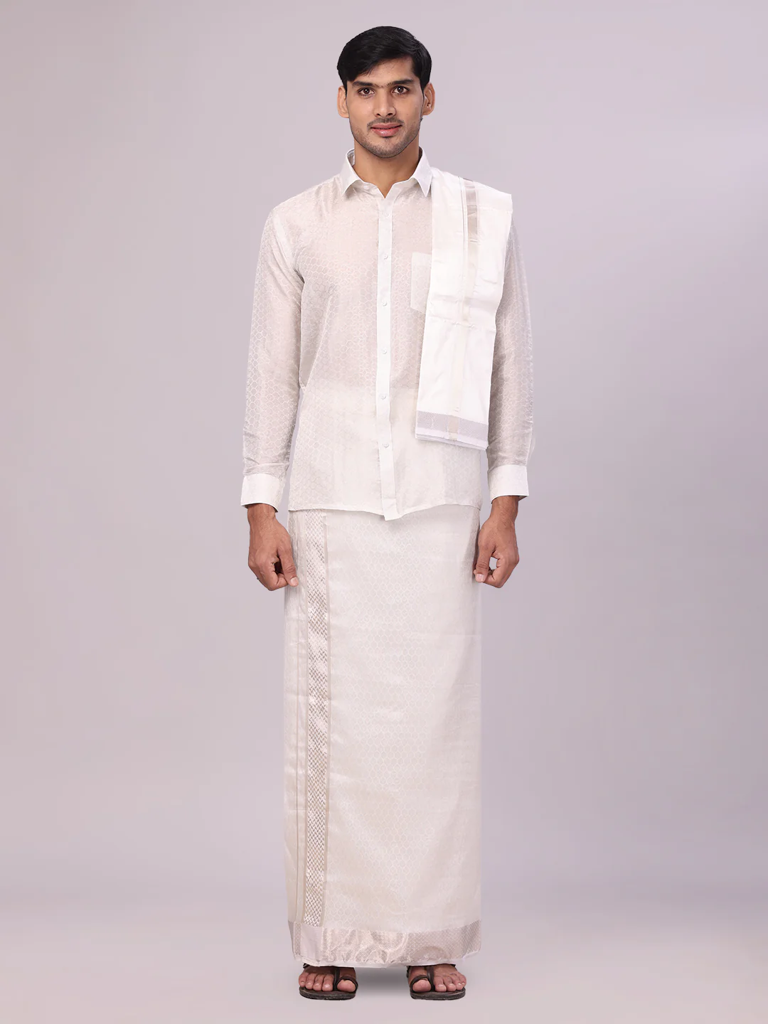 Men's Art Silk Off White Jacquard Full Sleeves Shirt with 2 1/2" Silver Jari Border & Towel Dhoti Combo Spruce